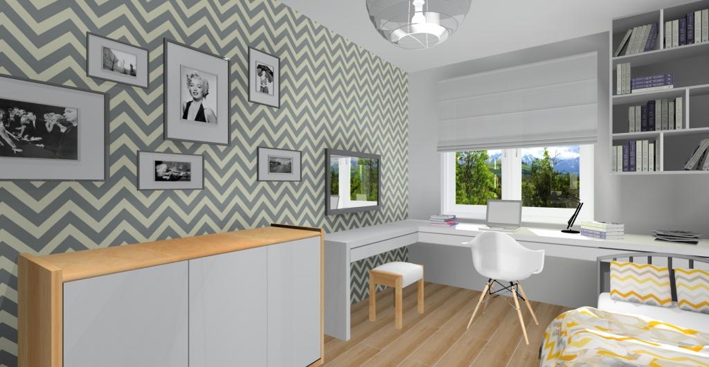 Pokój dla dziecka dziewczyny, nowoczesne wnętrze biały, szary, drewno